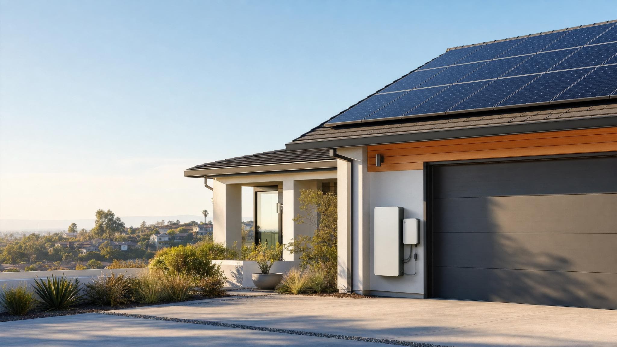 California home with rooftop solar panels and a home battery